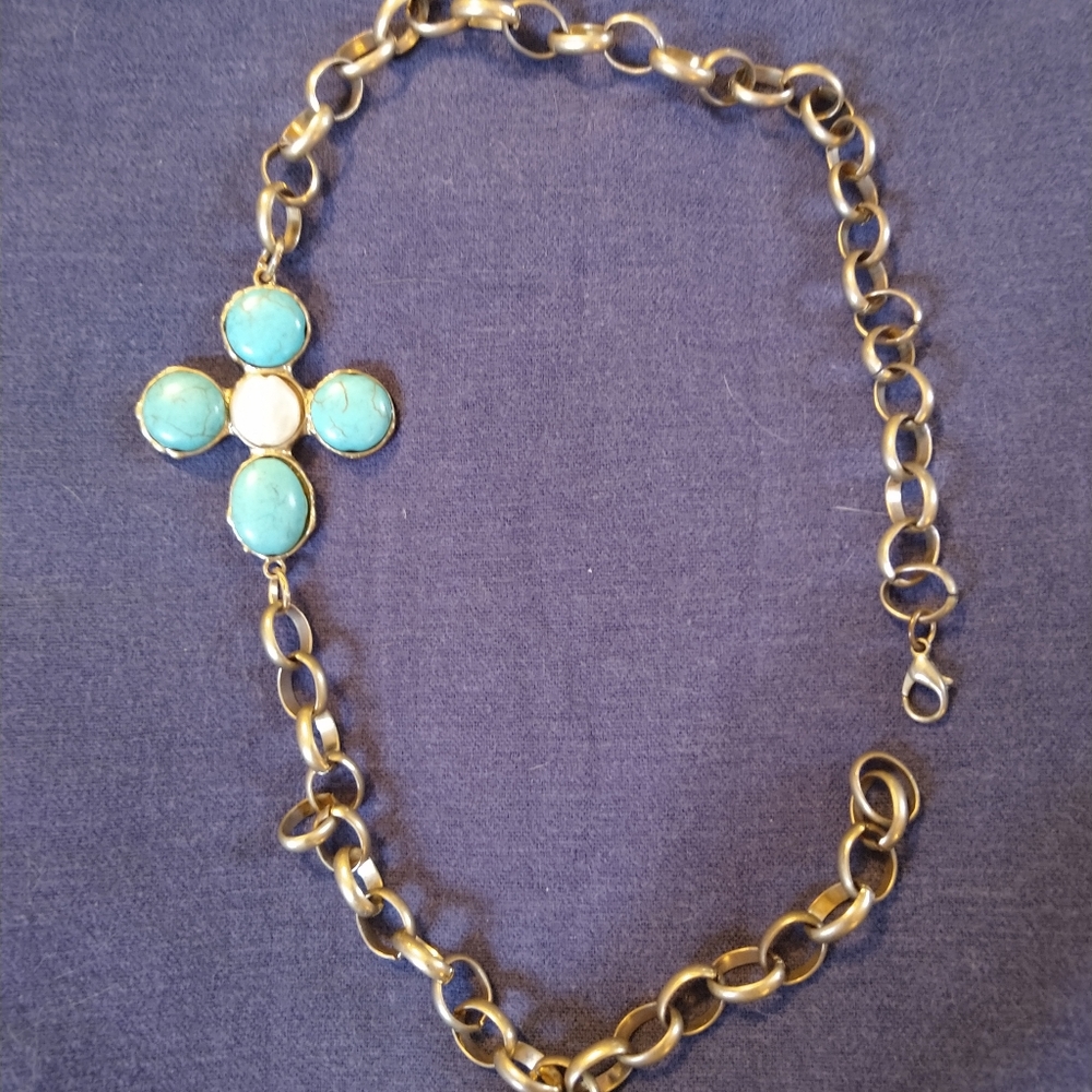 3 for💲25🌟big link turquoise & pearl tone cross necklace or bracelet chunky